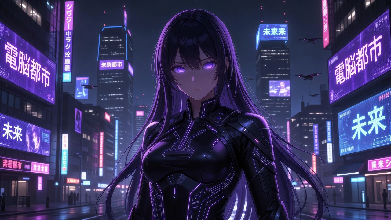 AI-generated anime character in a neon city
